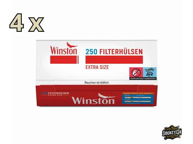 Winston Extra Size Hülsen 4x250 Stück, Sparpaket Filterhülsen mit langem Filter, Packungen frontal fotografiert