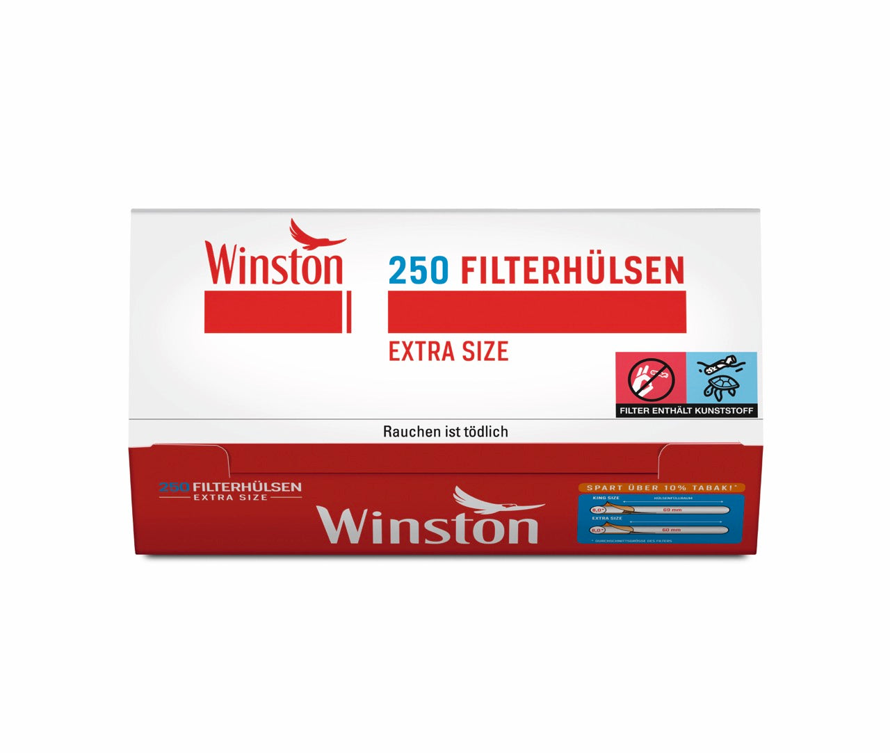 Winston Extra Size Hülsen 250 Stück, Packung Filterhülsen mit langem Filter, frontal fotografiert