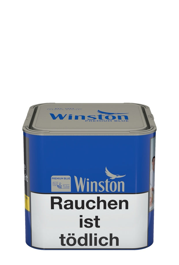 Winston Premium Blue Feinschnitt 58g Dose, frontal fotografiert, im klassischen blauen Winston-Design