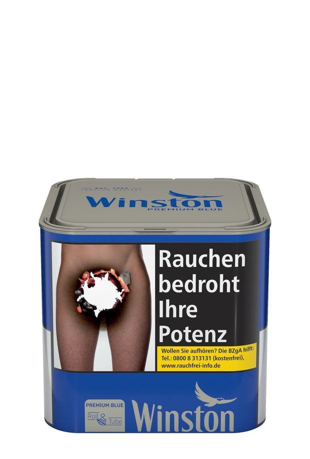 Rückseite der Winston Premium Blue Feinschnitt 58g Dose, mit Frische-Pad im Deckel und Produktdetails