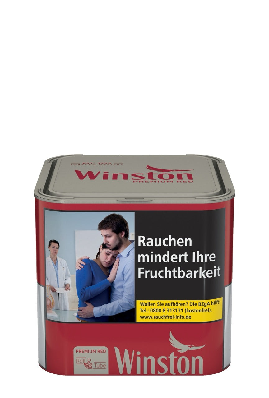 Rückseite der Winston Premium Red Feinschnitt 58g Dose, Detailinfos und Frische-Pad im Deckel sichtbar