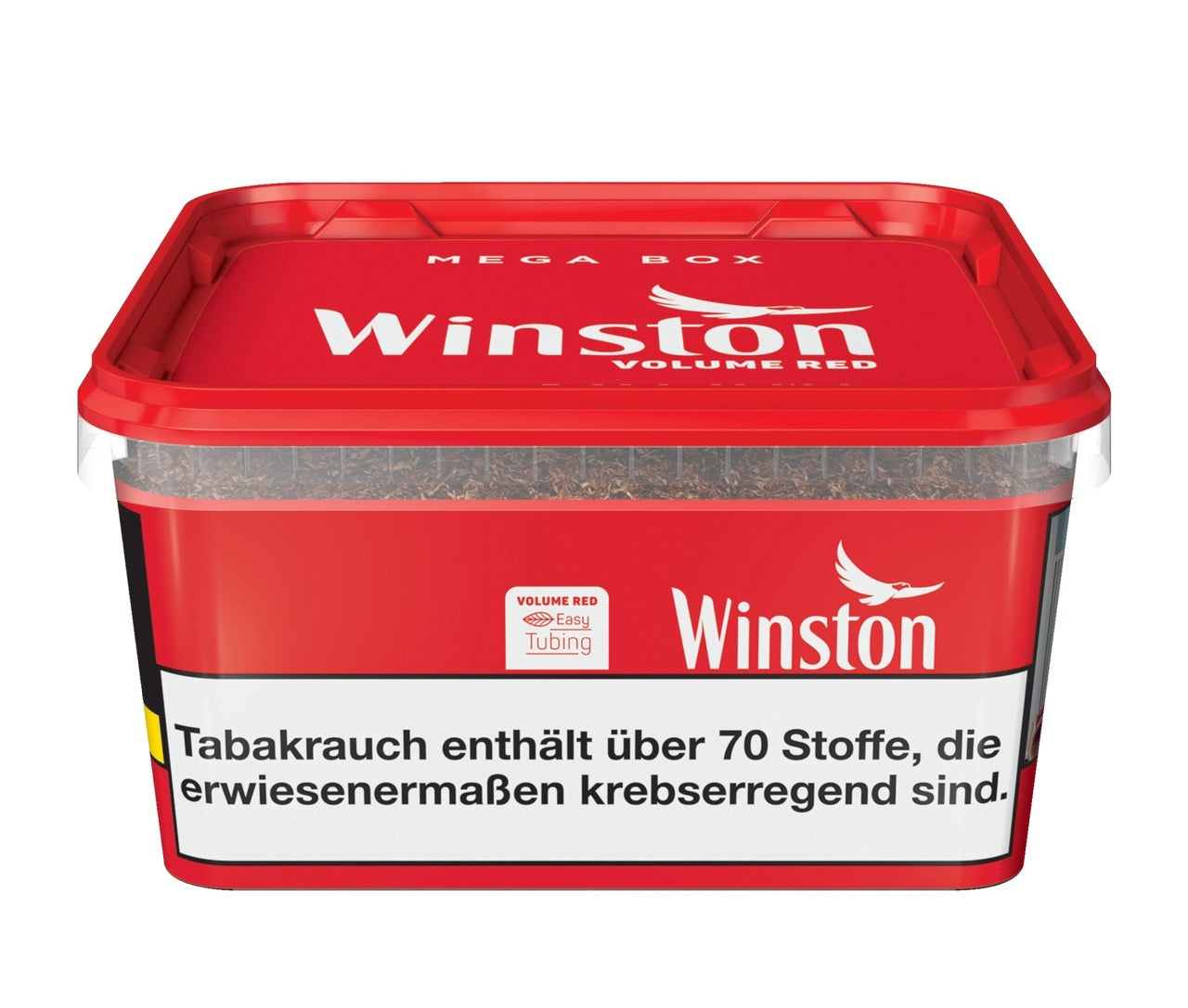 Winston Volume Red 115g Box, frontal stehend fotografiert, im typischen roten Design mit Mega-Volumentabak-Aufschrift