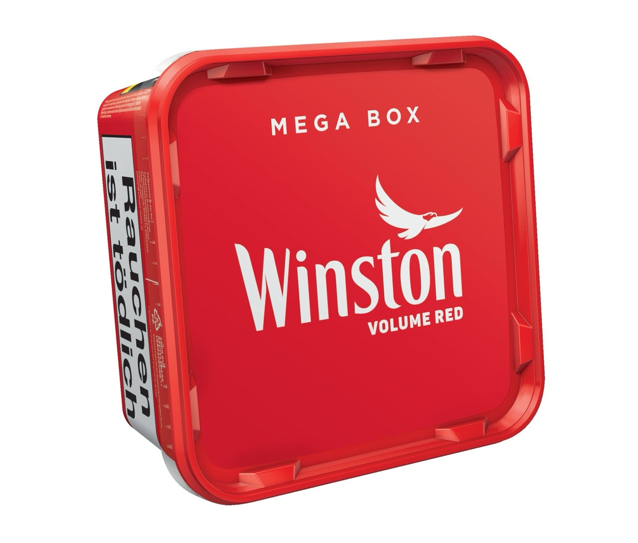 Winston Volume Red 115g Box, liegend, leicht schräg fotografiert, Deckel und Verpackung im Fokus