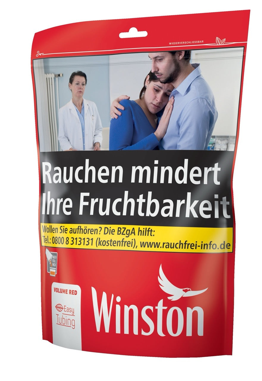 Winston Volume Red 185g Zip Bag, leicht seitlich fotografiert, wiederverschließbarer XXL-Tabakbeutel im klassischen Winston-Design