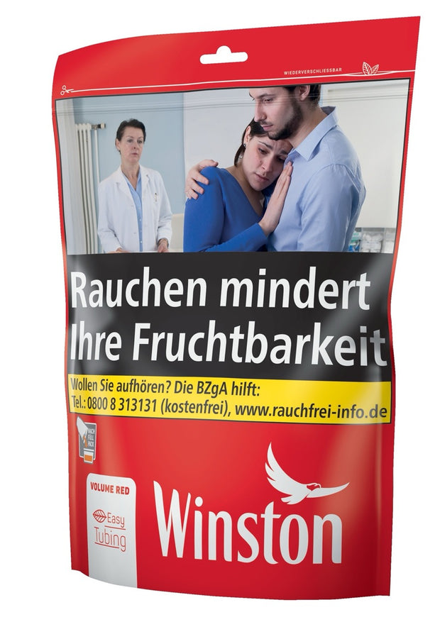 Winston Volume Red 185g Zip Bag, leicht seitlich fotografiert, wiederverschließbarer XXL-Tabakbeutel im klassischen Winston-Design