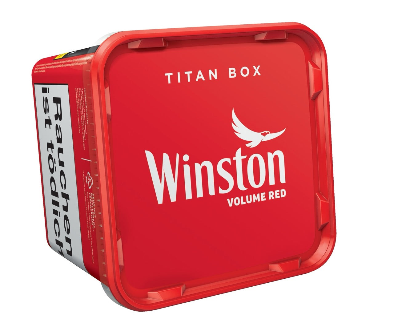Winston Volume Red 250g Titan Box, liegend, leicht schräg mit sichtbarem Deckel und Winston-Logo