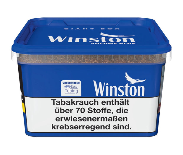 Winston Volume Blue Giant Box 155g, stehend fotografiert, große blaue Tabakbox für besonders ergiebigen Stopftabak