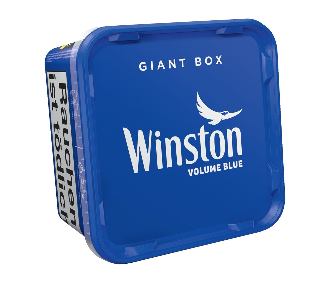 Winston Volume Blue Giant Box 155g, liegend und leicht schräg fotografiert, blaue Verpackung mit Deckelansicht