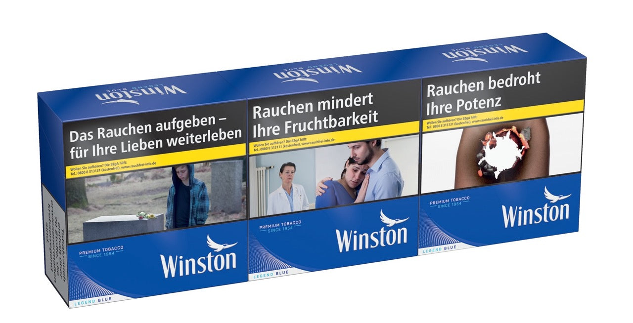 Winston Blue Zigaretten Stange 3x58 Stück, leicht seitlich fotografiert, blaues Design