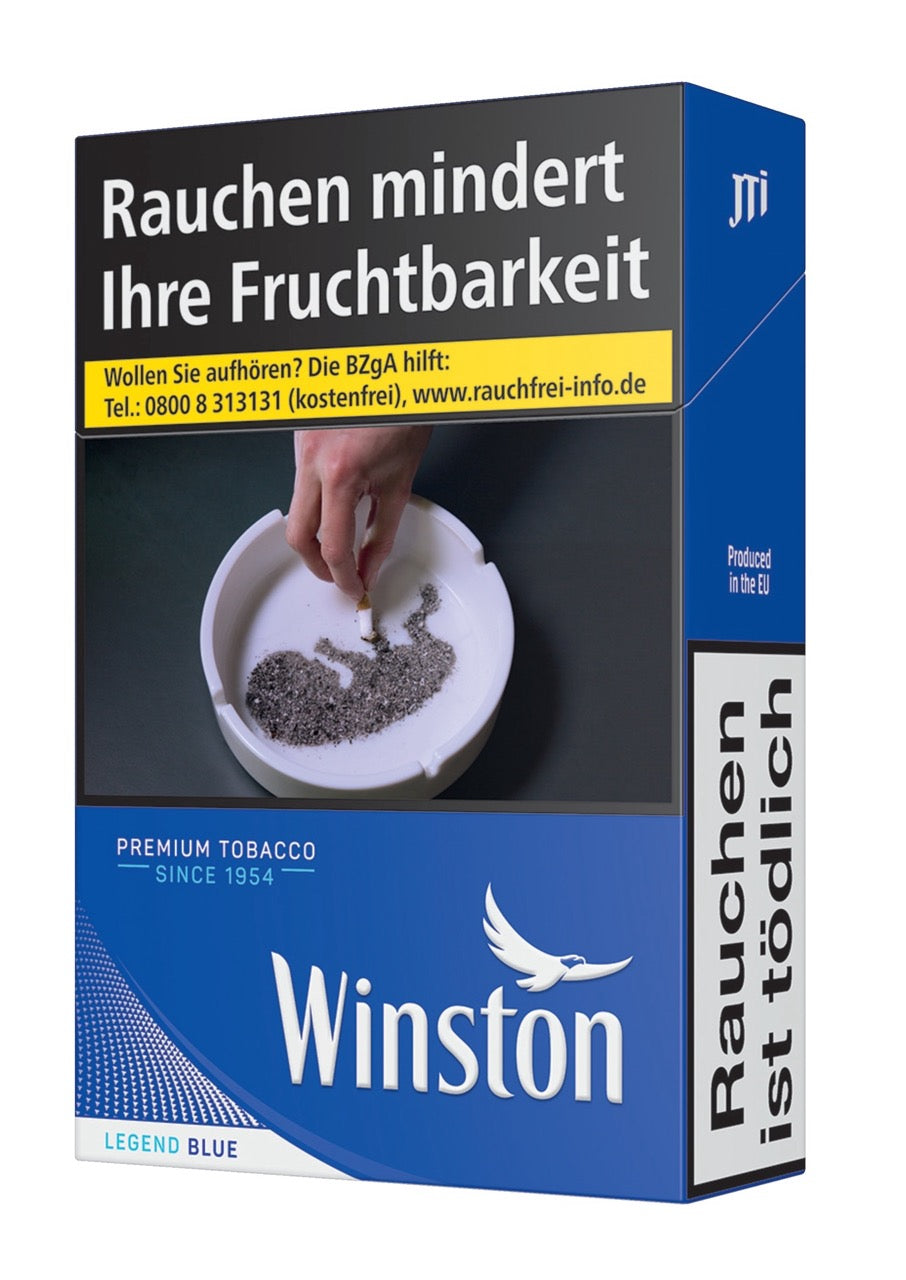 Schachtel Winston Blue Zigaretten leicht seitlich fotografiert, blaues Design, 20 Stück