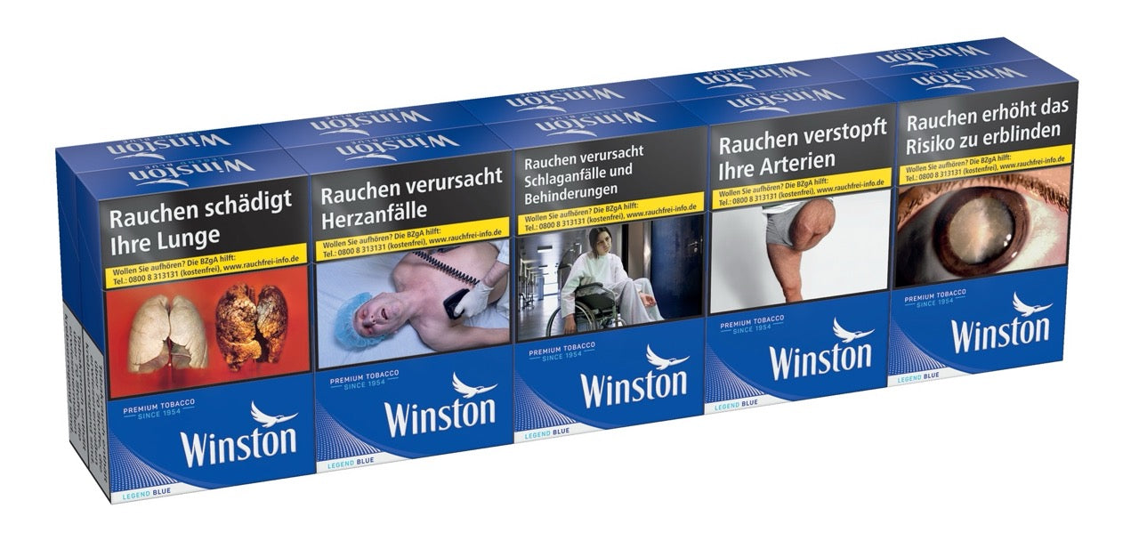 Stange Winston Blue Zigaretten leicht seitlich fotografiert, blaues Design, 10x20 Stück