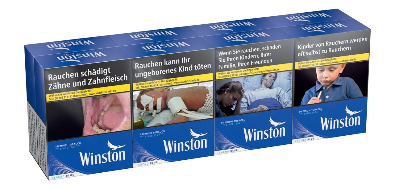 Stange Winston Blue Zigaretten 8x26 Stück leicht seitlich fotografiert, blaues Design