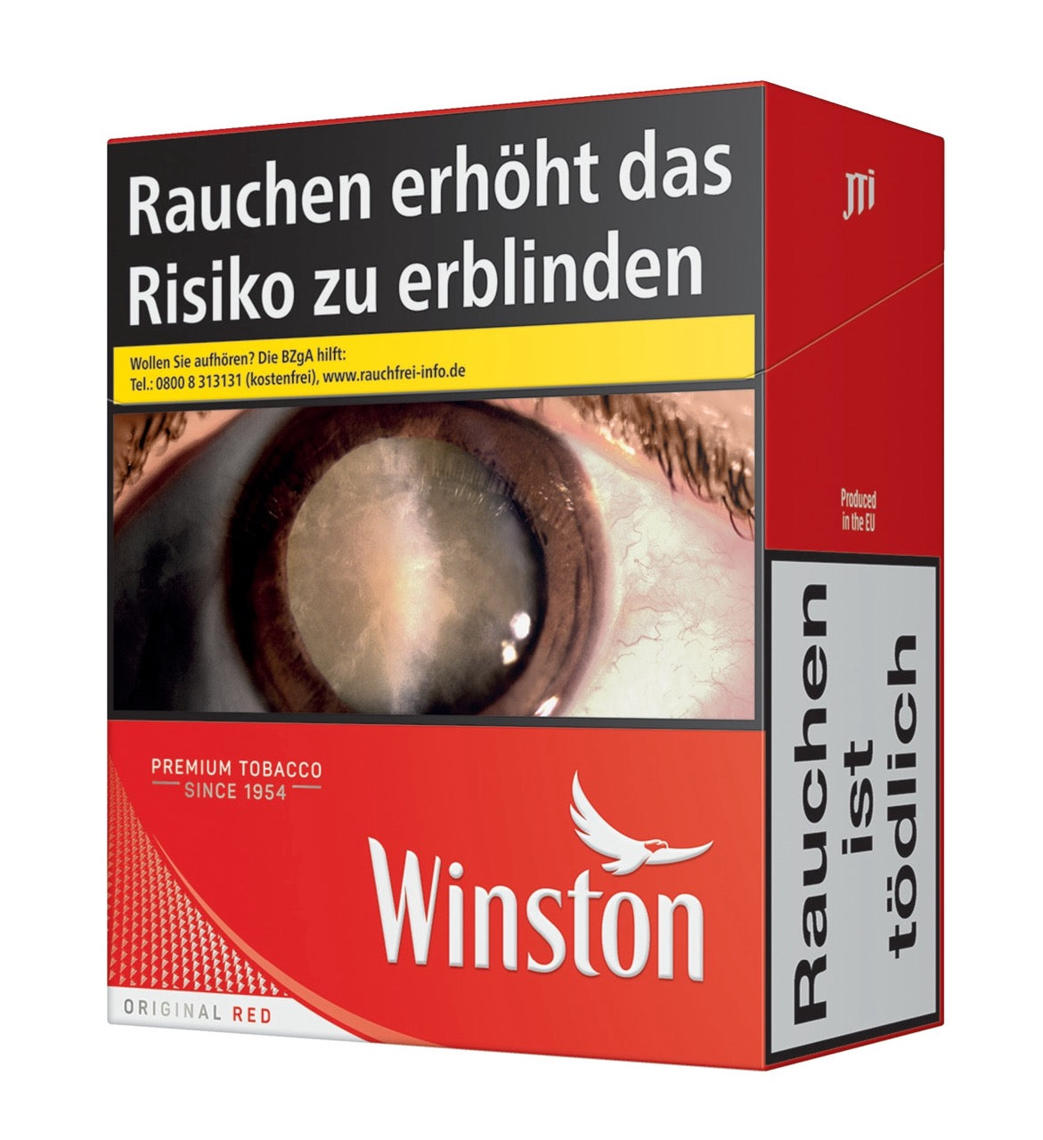 Winston Red Zigarettenschachtel, leicht seitlich fotografiert, 41 Stück, rot