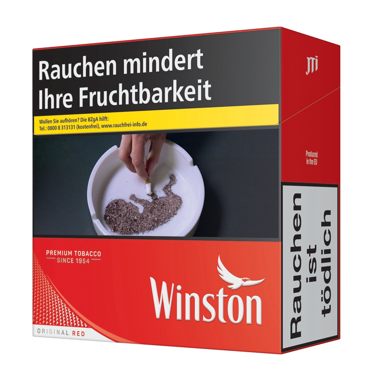 Winston Red Zigarettenschachtel, leicht seitlich fotografiert, 58 Stück, rot