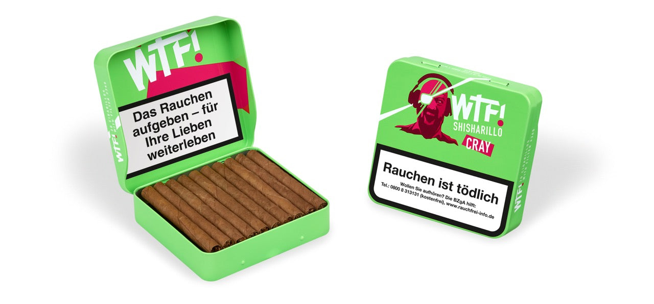 Zwei WTF! Shisharillo Cray 20er Boxen, eine geschlossen stehend, eine geöffnet liegend mit Zigarillos sichtbar