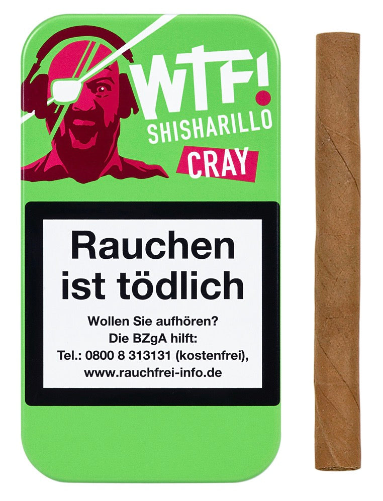 Geschlossene WTF! Shisharillo Cray Box mit grünem Design, daneben ein einzelner Shisharillo