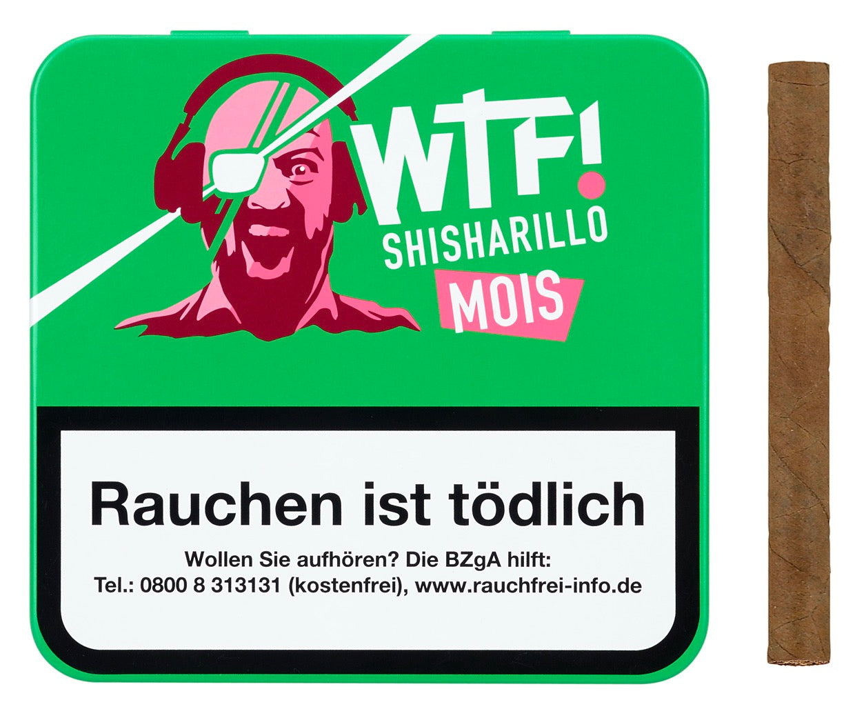 Geschlossene WTF! Shisharillo Mois 20er Box in Grün mit einem Shisharillo daneben