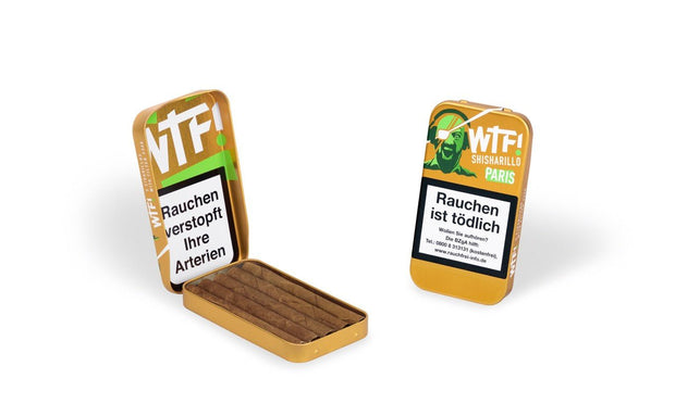 Geöffnete WTF! Shisharillo Paris 5er Box mit fünf Zigarillos – goldene Metallbox der Haselnuss-Sorte PARIS.
