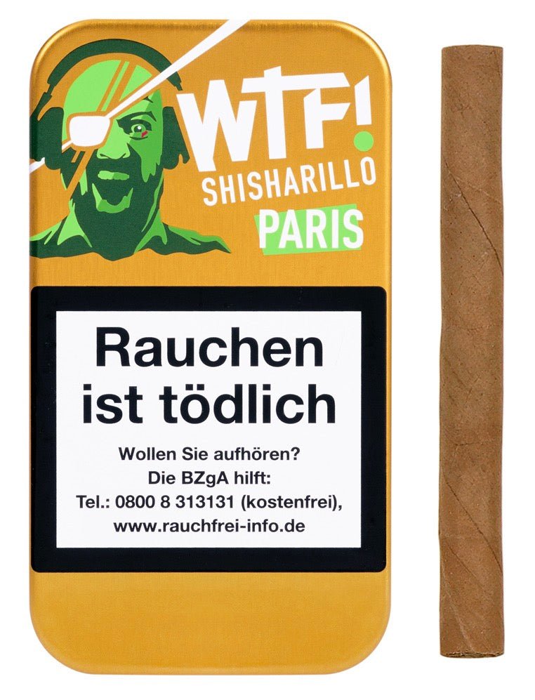 WTF! Shisharillo Paris 5er Box neben einem Zigarillo – goldene Dose, Haselnuss-Sorte, Warnhinweis sichtbar.