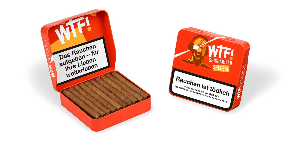 Zwei WTF! Shisharillo Sheeesh 20er Boxen, eine stehend geschlossen, eine liegend geöffnet mit Shisharillos sichtbar