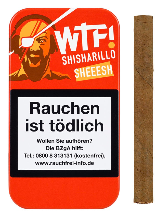 Geschlossene WTF! Shisharillo Sheeesh 5er Box in Orange mit einem Shisharillo daneben