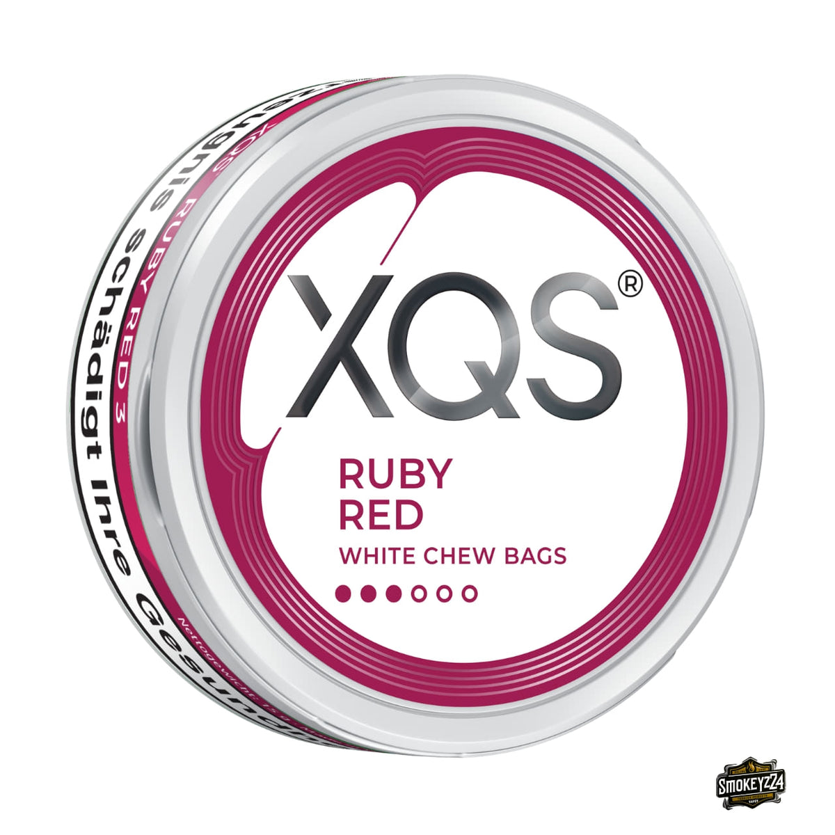 XQS Ruby Red 3 White Chew Bags, weiße Dose mit beerenrotem Ring, Stärkeanzeige drei von sechs