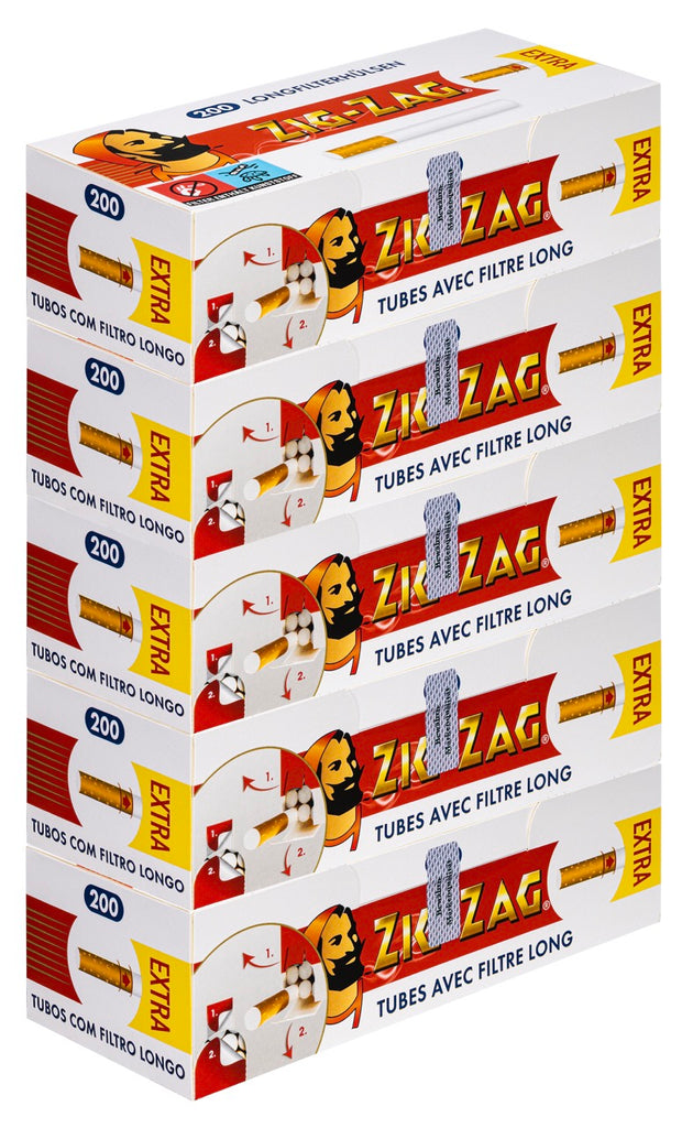 Zig-Zag Extra Filterhülsen 5x200 Sparpaket, fünf Packungen mit langen Filtern im Vorratskarton
