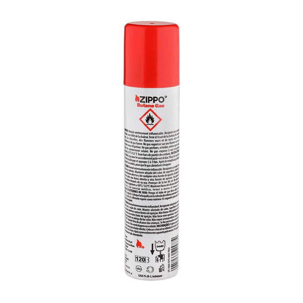 Zippo Butane Gas 100ml Rückseite, mit Sicherheitshinweisen, Isobutangas zum Nachfüllen von Butangasfeuerzeugen