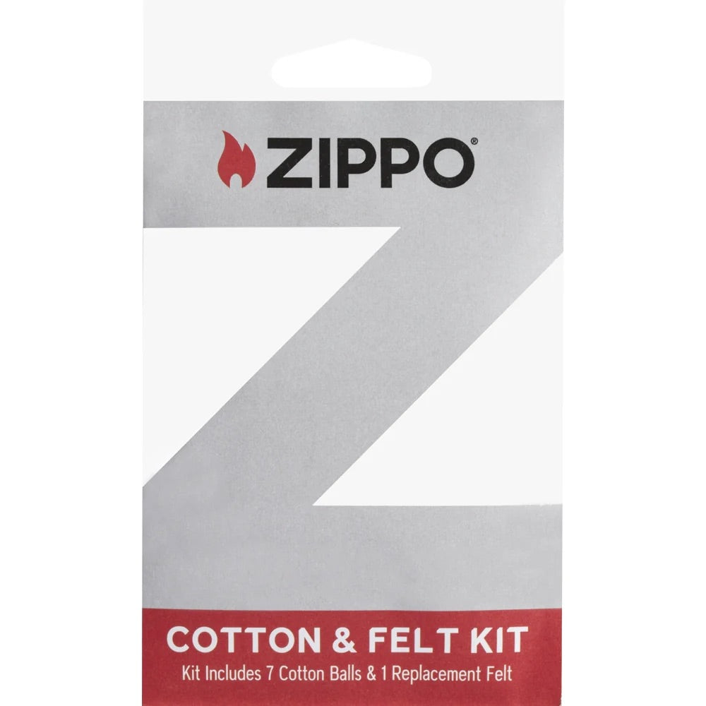 Zippo Cotton & Felt Kit Ersatzset, Verpackung Vorderseite, 7 Wattebällchen und 1 Filz für Zippo Feuerzeuge