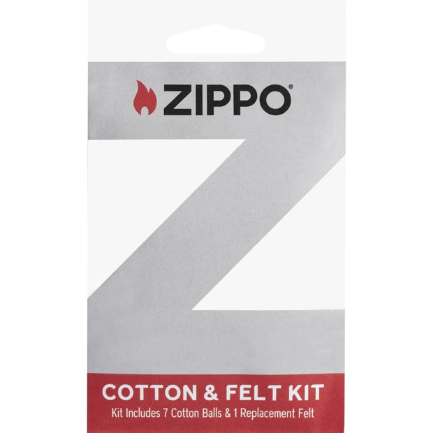 Zippo Cotton & Felt Kit Ersatzset, Verpackung Vorderseite, 7 Wattebällchen und 1 Filz für Zippo Feuerzeuge