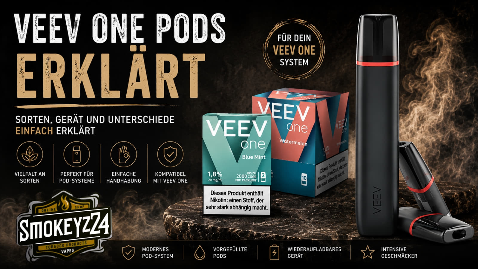 VEEV One Pods und Gerät im Smokeyz24 Ratgeber zu Sorten, Kompatibilität und Kaufberatung
