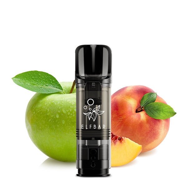 Elfbar ELFA Apple Peach 0mg Pod vor Apfel-Pfirsich-Hintergrund, nikotinfreie Fruchtpods, Smokeyz24.de