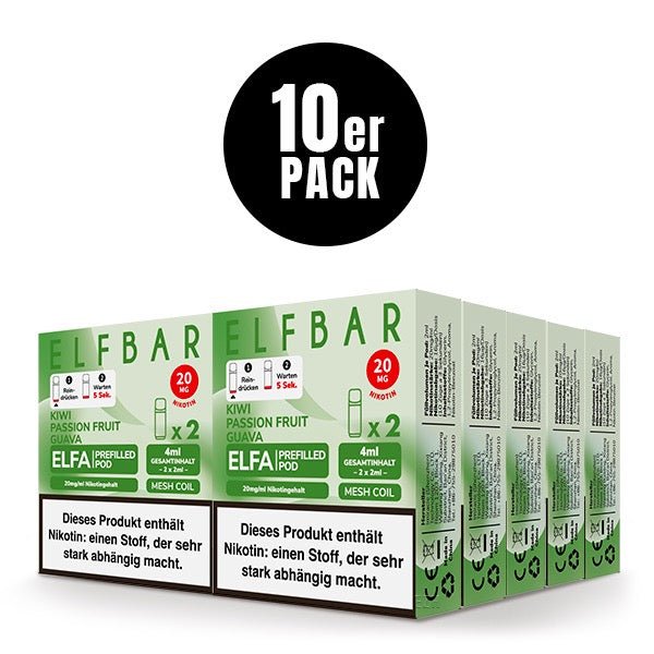 Elfbar ELFA Pods Kiwi Passionfruit Guava 20mg 10x Sparpaket, zehn 2er Packungen, exotische Fruchtmix Pods für Elfa System, Smokeyz24.de