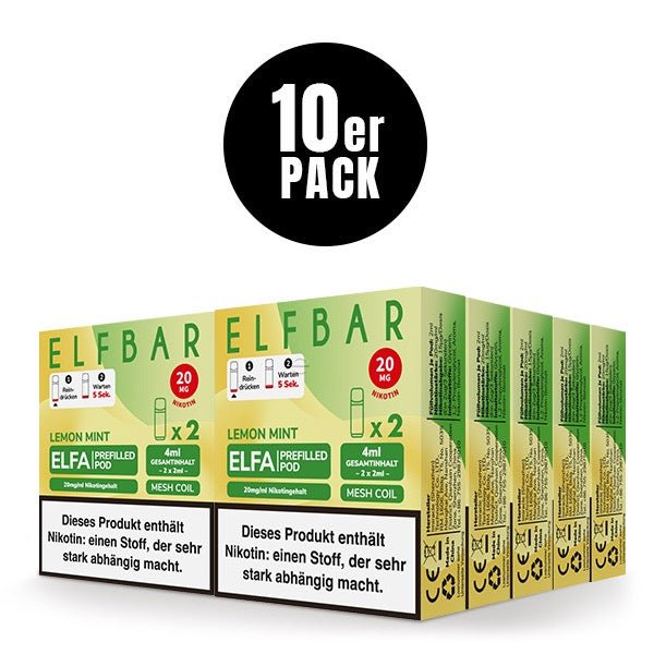 Elfbar ELFA Pods Lemon Mint 20mg 10x Sparpaket, zehn 2er Packungen, Lemon Mint Pods für Elfa System, Smokeyz24.de