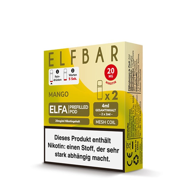 Elfa Pod Mango 20mg – 2er-Pack von Elfbar, tropischer Geschmack Verpackung