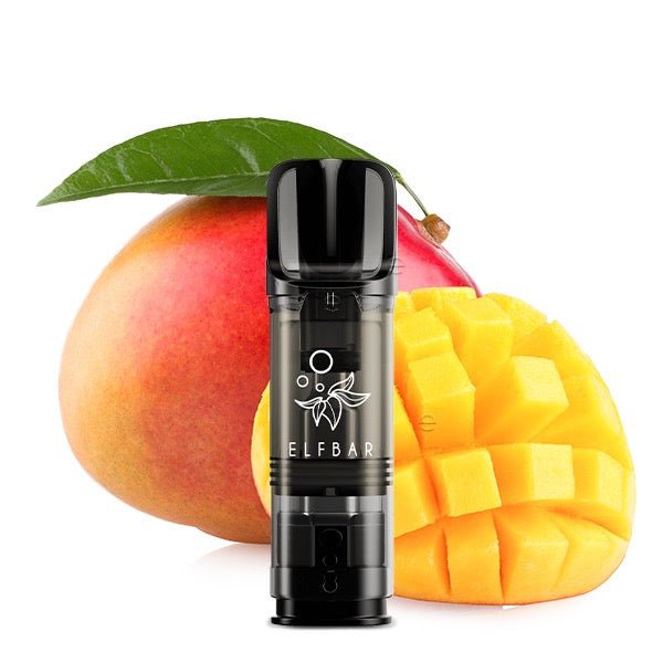 Elfbar ELFA Pod Mango 20mg vor Mango-Hintergrund, tropisch-süße Nikotinsalz Pods, Smokeyz24.de