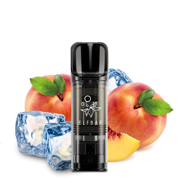 Elfbar ELFA Pod Peach Ice 20mg vor Pfirsich-Eis-Hintergrund, fruchtig-frische Nikotinsalz Pods, Smokeyz24.de