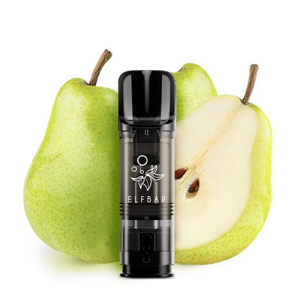 Elfbar ELFA Pod Pear 20mg vor Birnen-Hintergrund, fruchtig-süße Nikotinsalz Pods, Smokeyz24.de