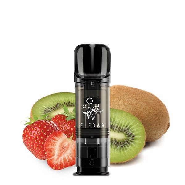 Elfbar ELFA Pod Strawberry Kiwi 20mg vor Erdbeere-Kiwi-Hintergrund, fruchtige Nikotinsalz Pods, Smokeyz24.de