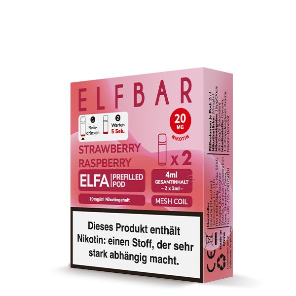 Verpackung von Elfa Pod Strawberry Raspberry 20mg – 2er-Pack von Elfbar mit intensiver Erdbeer-Himbeer-Note