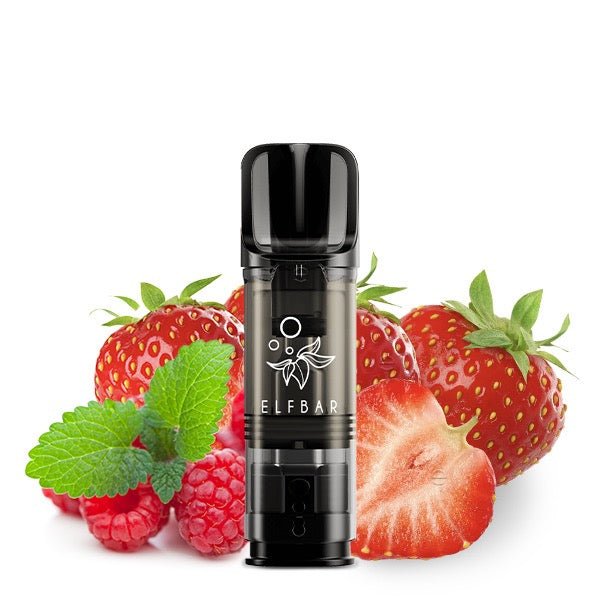 Elfbar ELFA Pod Strawberry Raspberry 20mg vor Erdbeere-Himbeere-Hintergrund, fruchtige Nikotinsalz Pods, Smokeyz24.de