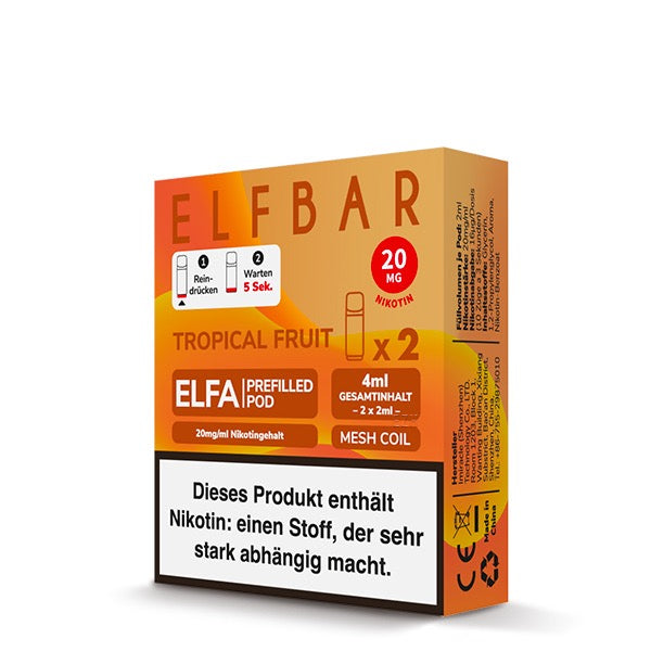 Verpackung von Elfa Pod Tropical Fruit 20mg – 2er-Pack von Elfbar mit tropischer Fruchtmischung