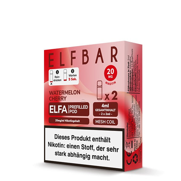 Elfa Pod Watermelon Cherry 20mg – Verpackung mit 2 vorbefüllten Nikotinsalz-Pods für Elfa & Lost Mary Geräte