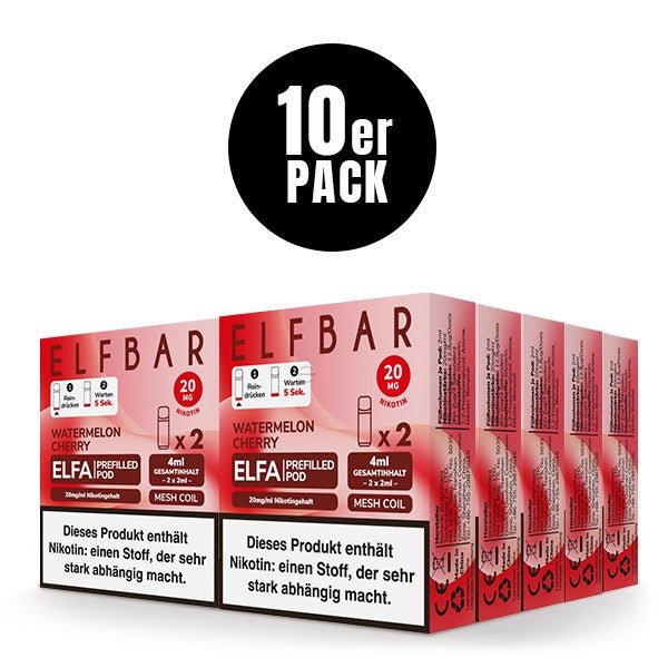 Elfbar ELFA Pods Watermelon Cherry 20mg 10x Sparpaket, zehn 2er Packungen, Wassermelone Kirsche Pods für Elfa System, Smokeyz24.de