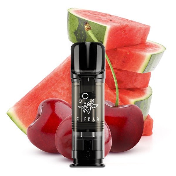 Elfbar ELFA Pod Watermelon Cherry 20mg vor Wassermelone-Kirsche-Hintergrund, fruchtige Nikotinsalz Pods, Smokeyz24.de