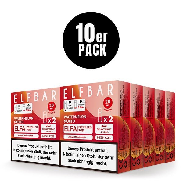 Elfbar ELFA Pods Watermelon Mojito 20mg 10x Sparpaket, zehn 2er Packungen, Wassermelone Mojito Minze Pods für Elfa System, Smokeyz24.de