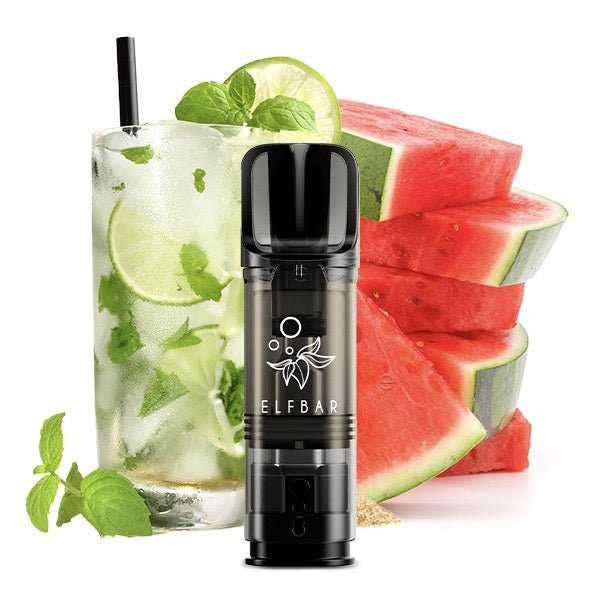 Elfbar ELFA Pod Watermelon Mojito 20mg vor Wassermelone-Mojito-Minze-Hintergrund, erfrischende Nikotinsalz Pods, Smokeyz24.de