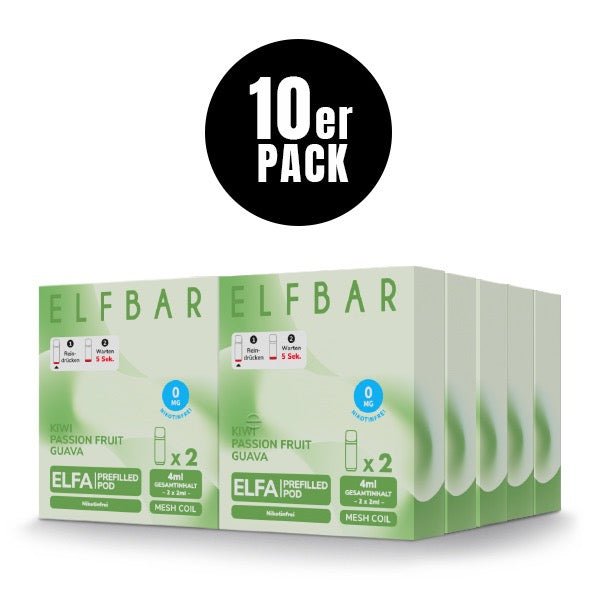 Elfbar ELFA Kiwi Passionfruit Guava 0mg 10x Sparpaket, zehn 2er Packungen, nikotinfreie Exotik Pods für Elfa System, Smokeyz24.de