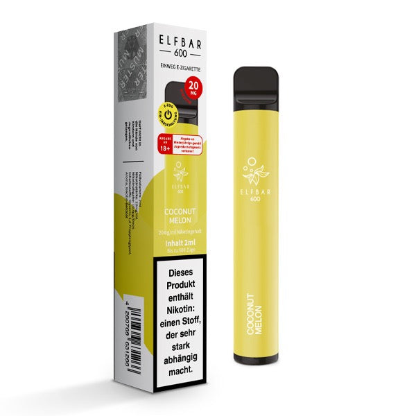 Elfbar V1 600 Coconut Melon 20mg – Einweg-Vape mit tropischem Kokos-Melonen-Geschmack, abgebildet mit Verpackung.