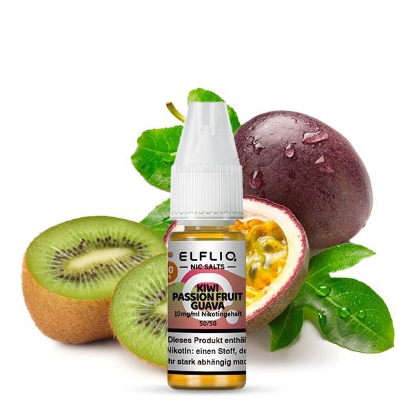 Elfliq Kiwi Passionfruit Guava 10mg Liquid Flasche mit tropischen Früchten